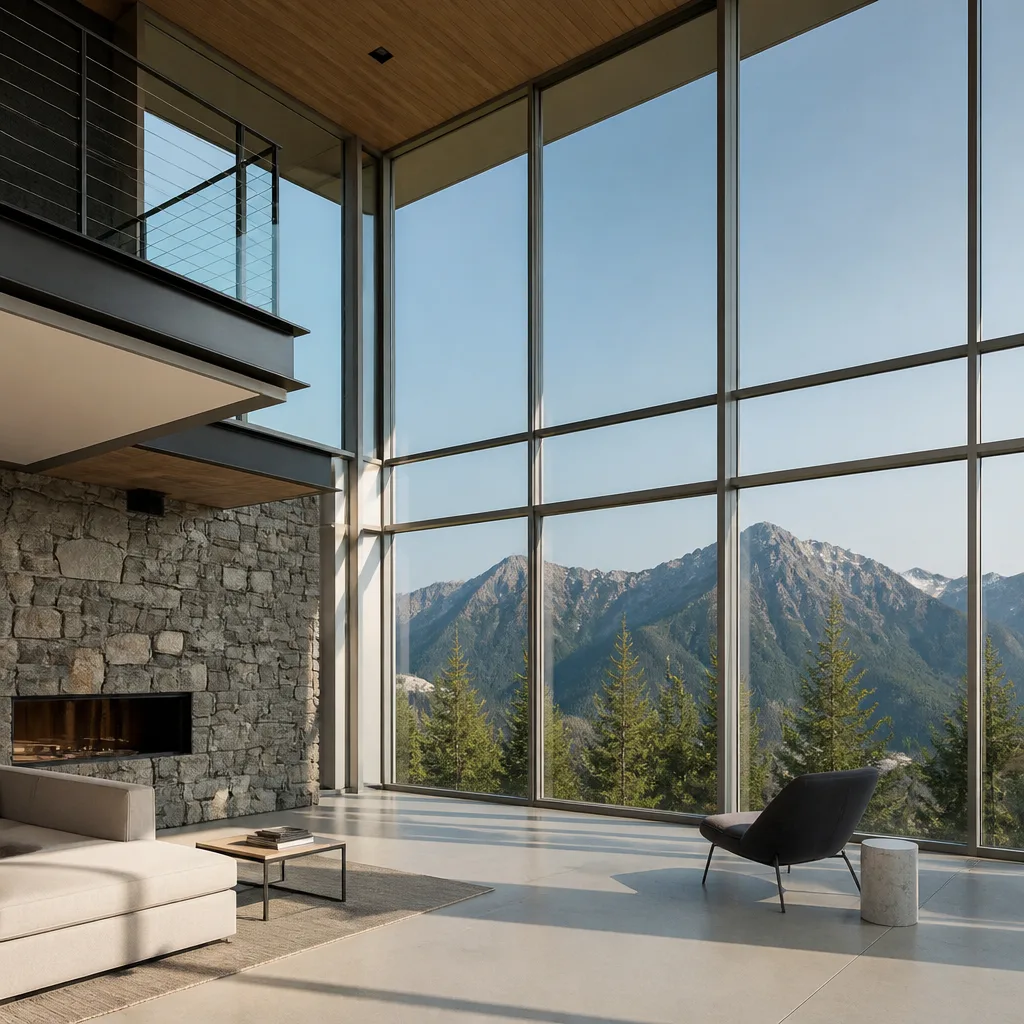 Modern floor-to-ceiling glass wall installation in a luxury mountain home
